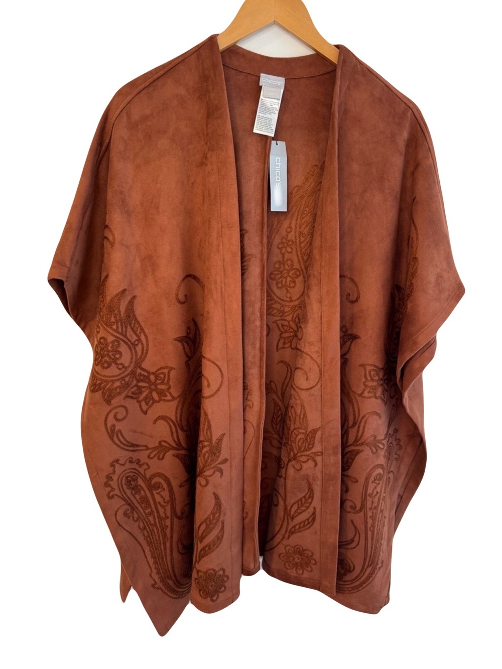 NWT Chico's Rust Faux Suede Embroidered Open Covering Wrap L / XL